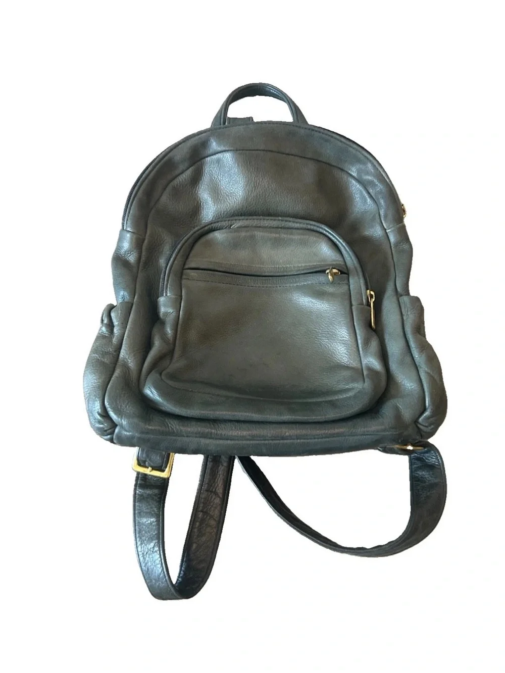 Vintage 90s Olive Green Genuine Leather Backpack Purse Brass YKK Slouchy